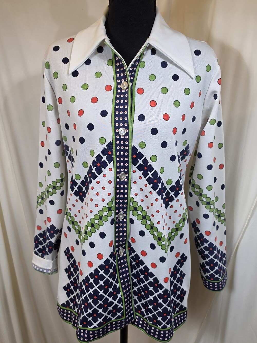 Vintage 70s Dagger Collar Polka Dot Tunic Blouse Double Knit Pop Art M/L